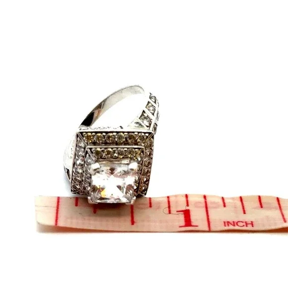 Designer 925 Sterling Silver Square Cubic Zirconia Three Tiered Engagement Ring